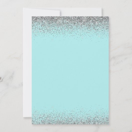 アクアブルーティール（緑がかった色）シルバーグリッターブライダルシャワー 招待状 (裏面)