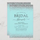 アクアブルーティール(緑がかった色)シルバーグリッターブライダルシャワー 招待状 (正面/裏面)