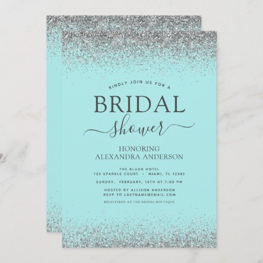 アクアブルーティール（緑がかった色）シルバーグリッターブライダルシャワー 招待状 (正面/裏面)