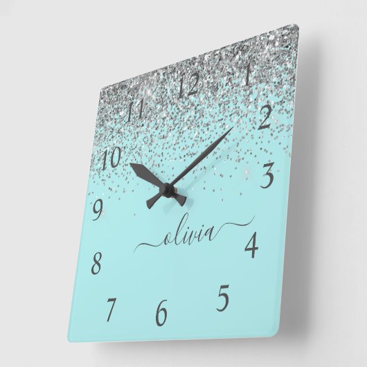アクアブルーティール（緑がかった色）シルバーグリッターモノグラム スクエア壁時計 (傾斜)