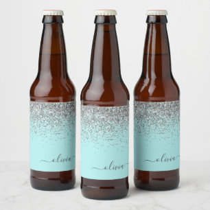 アクアブルーティール(緑がかった色)シルバーグリッターモノグラム ビールラベル