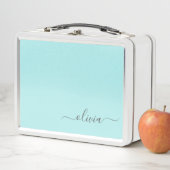 アクアブルーティール（緑がかった色）スモダンクリプトガーリーモノグラム名 メタルランチボックス (インサイチュ)