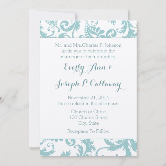 アクアブルーティール（緑がかった色）フローラダマスクウェディング招待状 招待状 (正面)