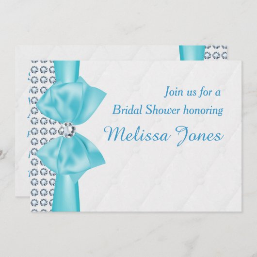 アクアブルーティール(緑がかった色)ボウダイヤモンドきらきら光るパーティの招待状 招待状 (正面/裏面)