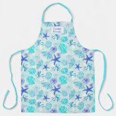 アクアブルーティール(緑がかった色)水彩混成貝殻デザイン エプロン (正面)