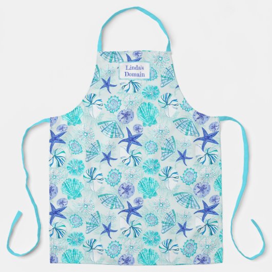 アクアブルーティール(緑がかった色)水彩混成貝殻デザイン エプロン (正面)