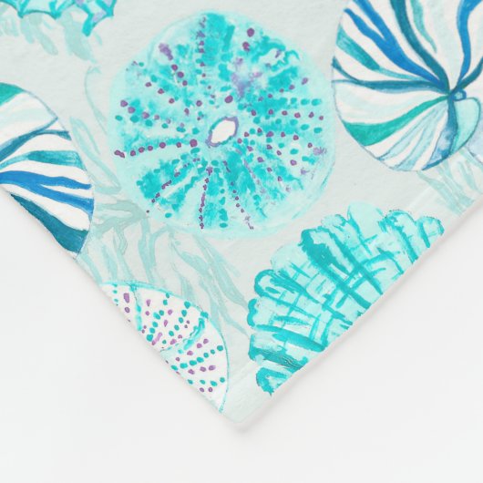 アクアブルーティール(緑がかった色)水彩混成貝殻デザイン フリースブランケット (角)