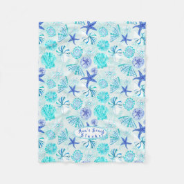 アクアブルーティール（緑がかった色）水彩混成貝殻デザイン フリースブランケット