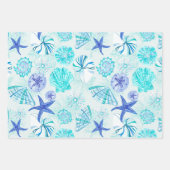 アクアブルーティール（緑がかった色）水彩混成貝殻デザイン ラッピングペーパーシート (正面3)