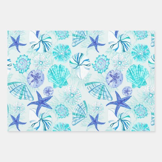 アクアブルーティール（緑がかった色）水彩混成貝殻デザイン ラッピングペーパーシート (正面3)