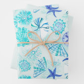 アクアブルーティール(緑がかった色)水彩混成貝殻デザイン ラッピングペーパーシート (インサイチュ)