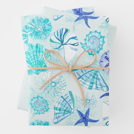 アクアブルーティール（緑がかった色）水彩混成貝殻デザイン ラッピングペーパーシート (インサイチュ)