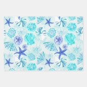 アクアブルーティール（緑がかった色）水彩混成貝殻デザイン ラッピングペーパーシート (正面)