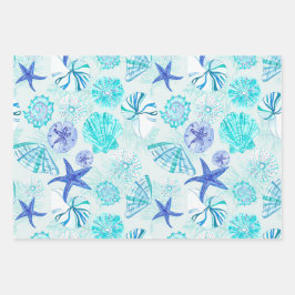 アクアブルーティール（緑がかった色）水彩混成貝殻デザイン ラッピングペーパーシート