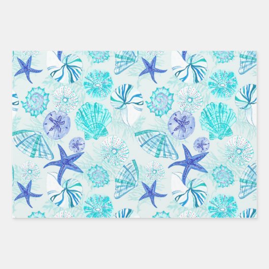 アクアブルーティール(緑がかった色)水彩混成貝殻デザイン ラッピングペーパーシート (正面)