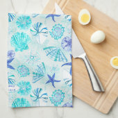 アクアブルーティール（緑がかった色）水彩貝殻w/名前をカスタムする キッチンタオル (四つ折り)