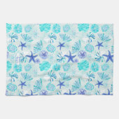 アクアブルーティール（緑がかった色）水彩貝殻w/名前をカスタムする キッチンタオル (横)