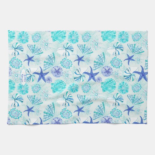 アクアブルーティール（緑がかった色）水彩貝殻w/名前をカスタムする キッチンタオル (横)