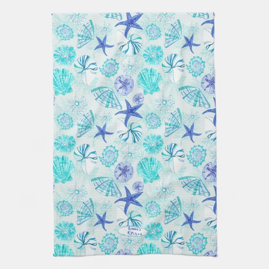 アクアブルーティール（緑がかった色）水彩貝殻w/名前をカスタムする キッチンタオル (縦)