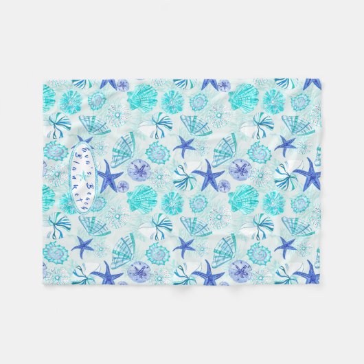 アクアブルーティール(緑がかった色)水彩貝殻w/名前をカスタムする フリースブランケット (正面(横))