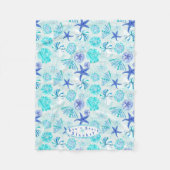 アクアブルーティール（緑がかった色）水彩貝殻w/名前をカスタムする フリースブランケット (正面)