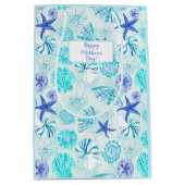 アクアブルーティール（緑がかった色）水彩貝殻w/名前をカスタムする ミディアムペーパーバッグ (正面)