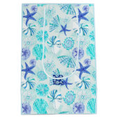 アクアブルーティール（緑がかった色）水彩貝殻w/名前をカスタムする ミディアムペーパーバッグ (裏面)