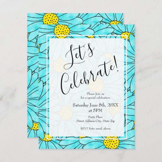 アクアブルーデイジー水の色のアバストラクトパターン 招待状 (正面/裏面)