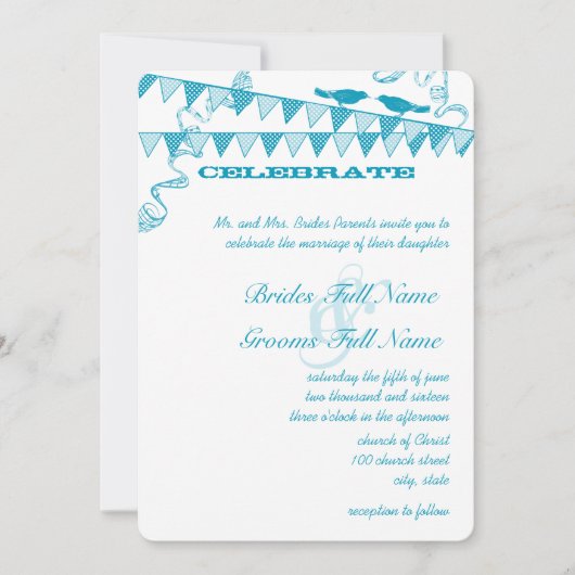 アクアブルードットバンティンペナント結婚式招待状 招待状 (正面)