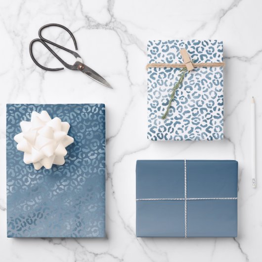 アクアブルーネイビーグラデーションレオパードプリント ラッピングペーパーシート (正面)