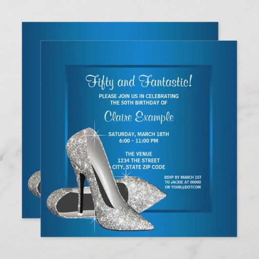 アクアブルーハイヒールウーマンズバースデーパーティー 招待状 (正面/裏面)