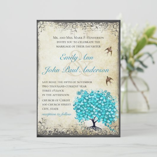 アクアブルーハートリーフツリーヴィンテージバードパーチメント 招待状 (スタンド正面)