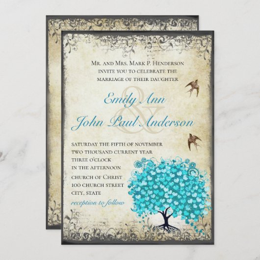 アクアブルーハートリーフツリーヴィンテージバードパーチメント 招待状 (正面/裏面)