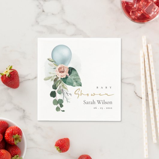 アクアブルーバルーンピーチフローラバンチ赤ちゃんシャワー スタンダードカクテルナプキン (インサイチュ)