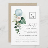 アクアブルーバルーンフローラロゴグランドオープニング招待状  サンキューカード (正面/裏面)