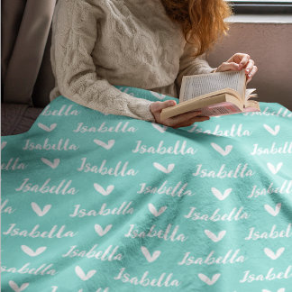 アクアブルーパーソナライズされた名毛布(ハート付き) フリースブランケット