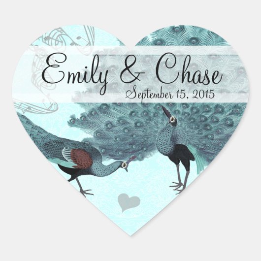 アクアブルーパーフェクトペアピーコック結婚ズステッカー ハートシール (正面)