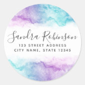 アクアブルーパープルウォーター差出人住所ラベル ラウンドシール (正面)