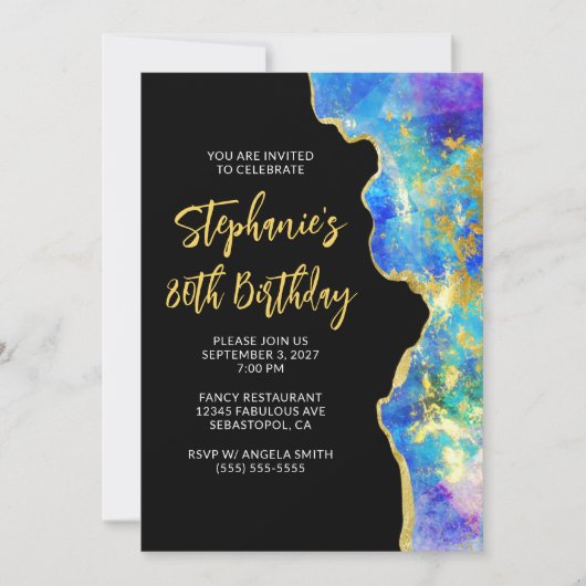アクアブルーパープルファイアオパール金ゴールドグラーム80誕生日 招待状 (正面)