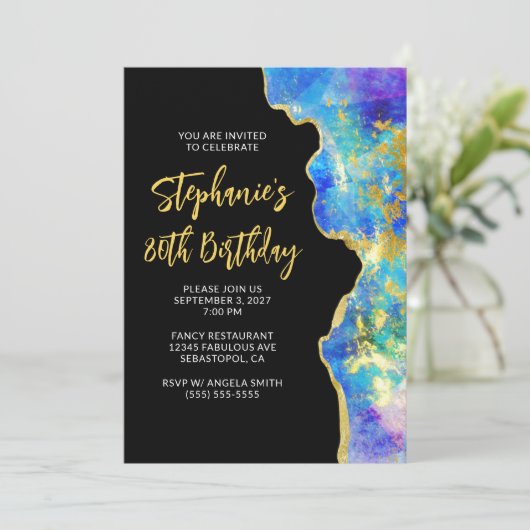 アクアブルーパープルファイアオパール金ゴールドグラーム80誕生日 招待状 (スタンド正面)