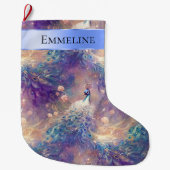 アクアブルーパープルフローラ孔雀クリスマス名 ラージクリスマスストッキング (正面)