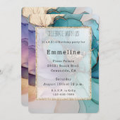 アクアブルーパープル金ゴールドフローラグリッター誕生日 招待状 (正面/裏面)