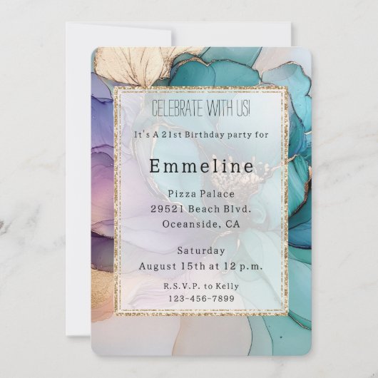 アクアブルーパープル金ゴールドフローラグリッター誕生日 招待状 (正面)