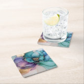 アクアブルーパープル金ゴールドフローラブライダルシャワー スクエアペーパーコースター (インサイチュ)