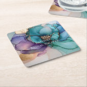 アクアブルーパープル金ゴールドフローラブライダルシャワー スクエアペーパーコースター (アングル)