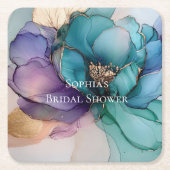 アクアブルーパープル金ゴールドフローラブライダルシャワー スクエアペーパーコースター (正面)