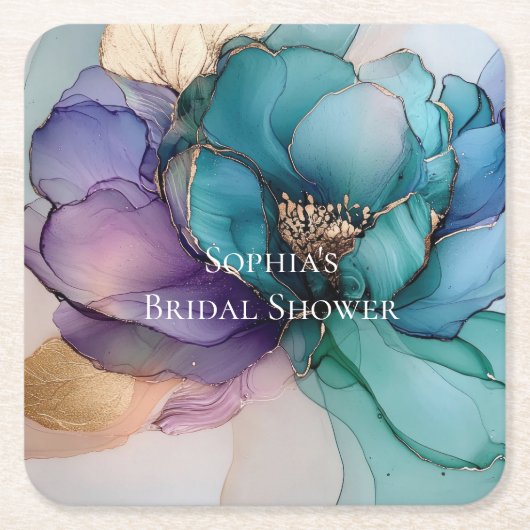 アクアブルーパープル金ゴールドフローラブライダルシャワー スクエアペーパーコースター (正面)