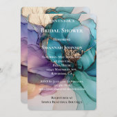 アクアブルーパープル金ゴールドフローラブライダルシャワー 招待状 (正面/裏面)