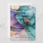 アクアブルーパープル金ゴールドフローラブライダルシャワー 招待状 (正面)