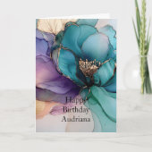 アクアブルーパープル金ゴールドフローラ誕生日 カード (正面)